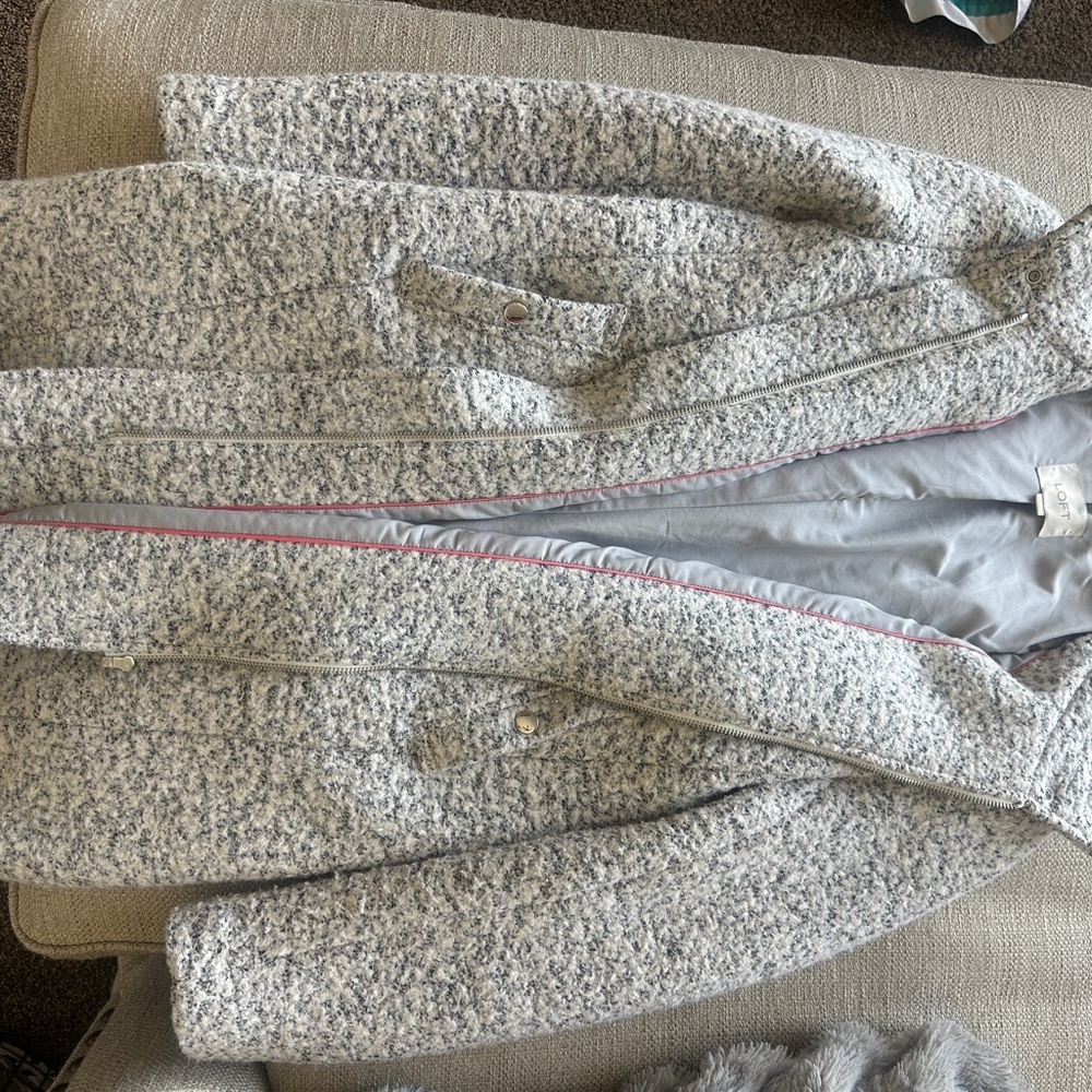 LOFT Gray Textured Long Coat with Pink Trim